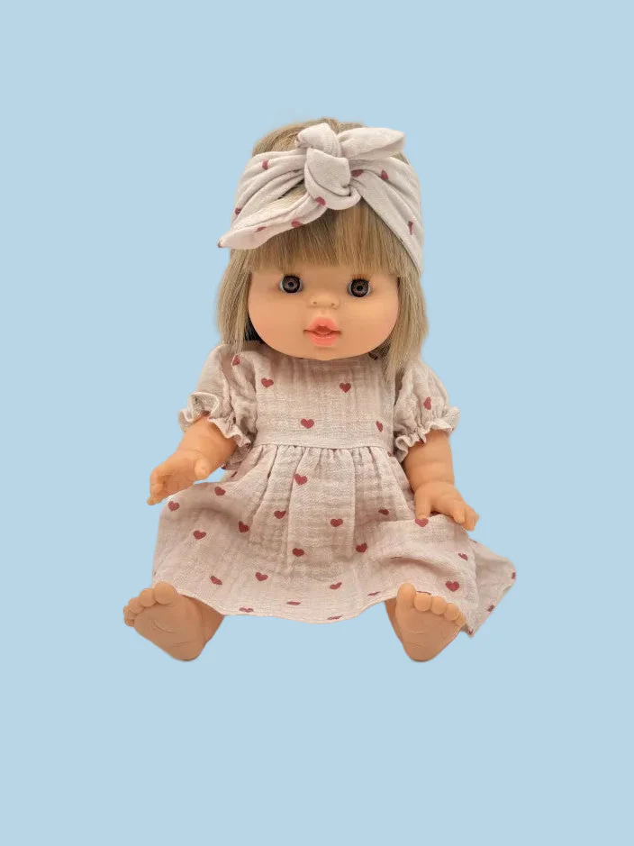 Doll Clothes | Muslin Dress w/ Headband - Dreamy Mauve Hearts (11" - 14" dolls) - Image 2