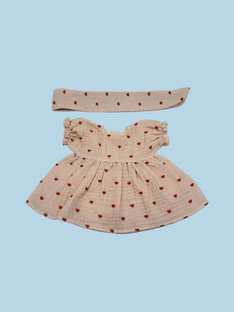 Doll Clothes | Muslin Dress w/ Headband - Dreamy Mauve Hearts (11" - 14" dolls) - Image 3