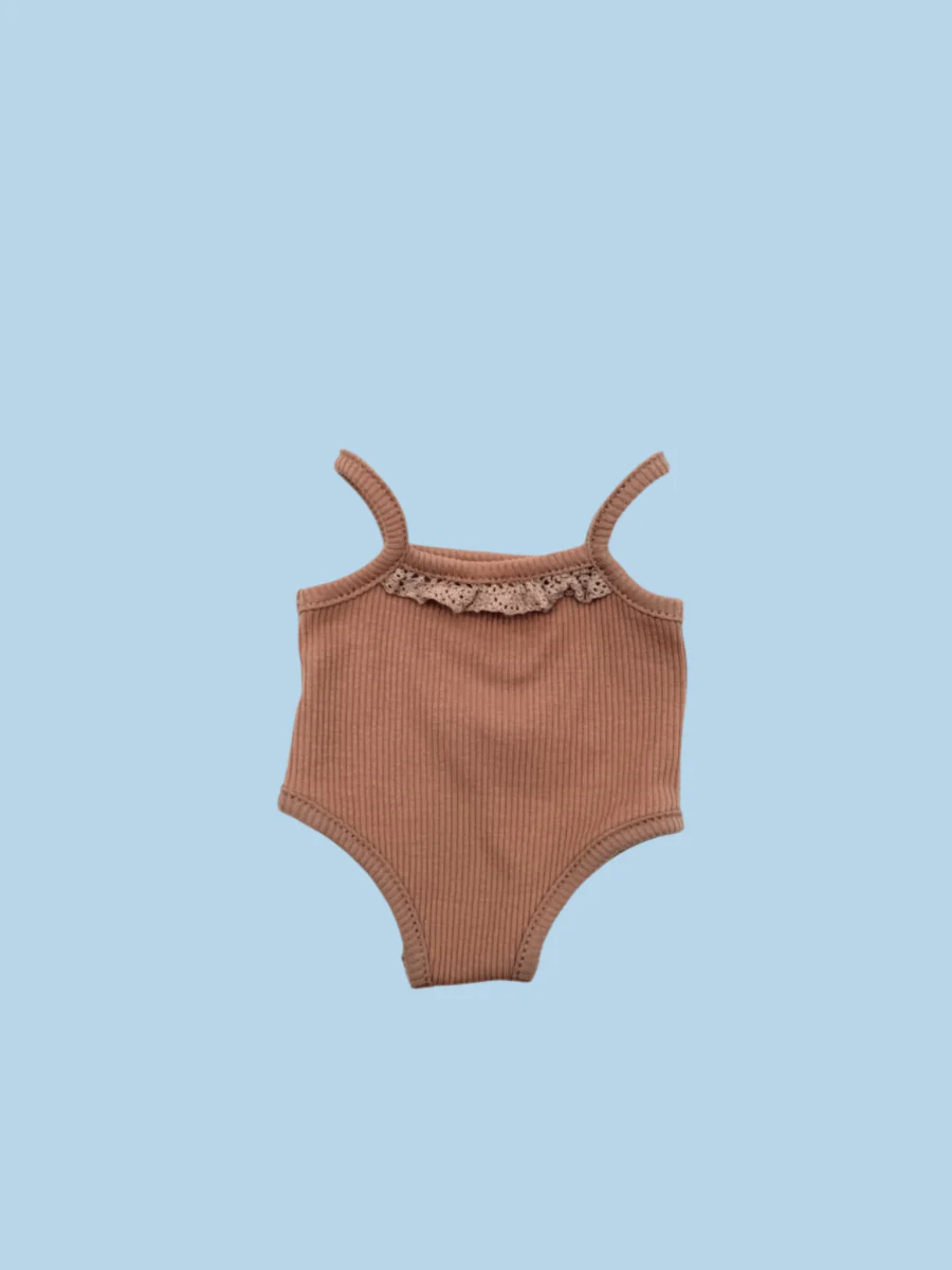 Doll Clothes | Sleeveless Ribbed Doll Onesie - Brown Sugar (18" dolls) - Image 2