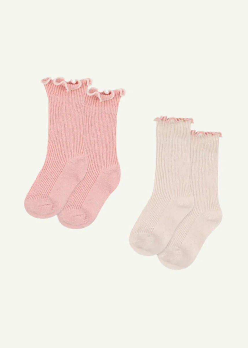 Konges Sloejd | Signature Rib Frill Socks 2-Pack: Ruffled Cotton Socks in Pink & Cream - Image 2