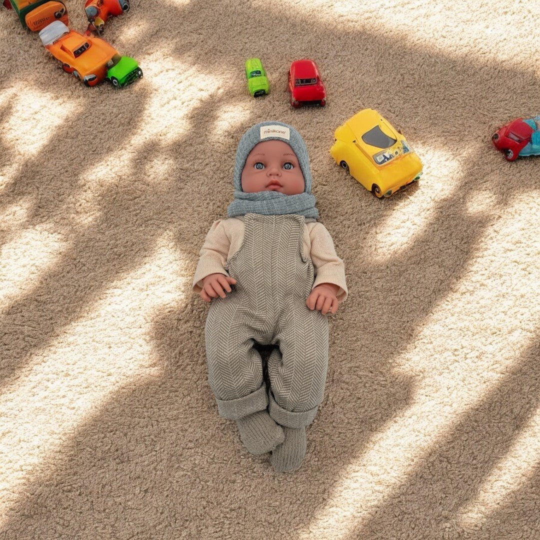 Minikane Doll | 18" Bambini Boy Doll Yann in Herringbone Overalls - Image 2