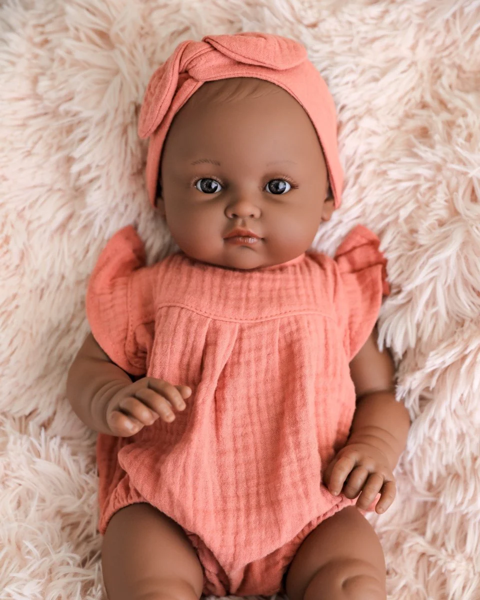 Minikane Doll | 18" Bambini Girl Doll Augustine in Marsala Romper - Image 2