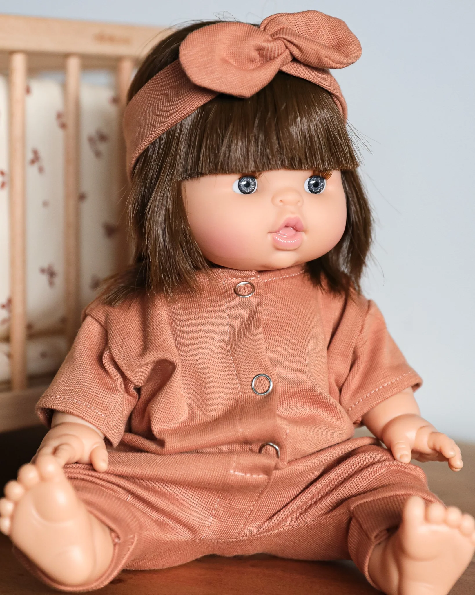 Minikane Doll Clothes | Baby Doll Jumpsuit with Headband (Brown) - Image 2
