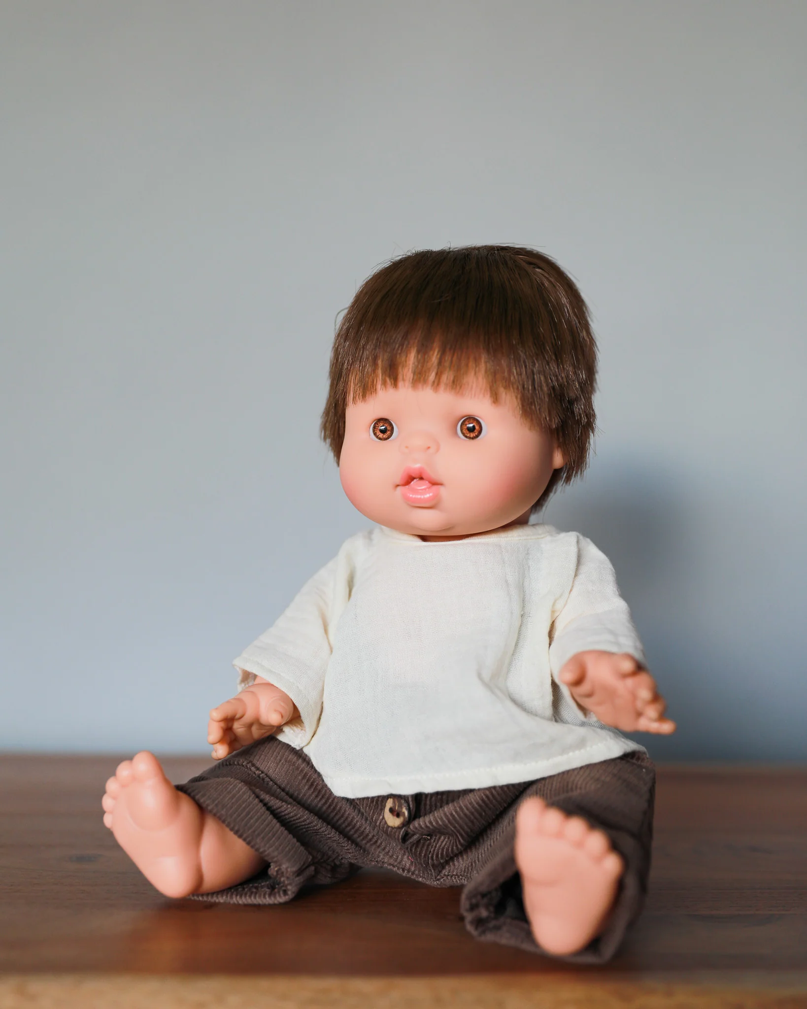 Minikane Doll Clothes | Baby Doll Muslin Top and Velvet Pant Set (Brown) - Image 5