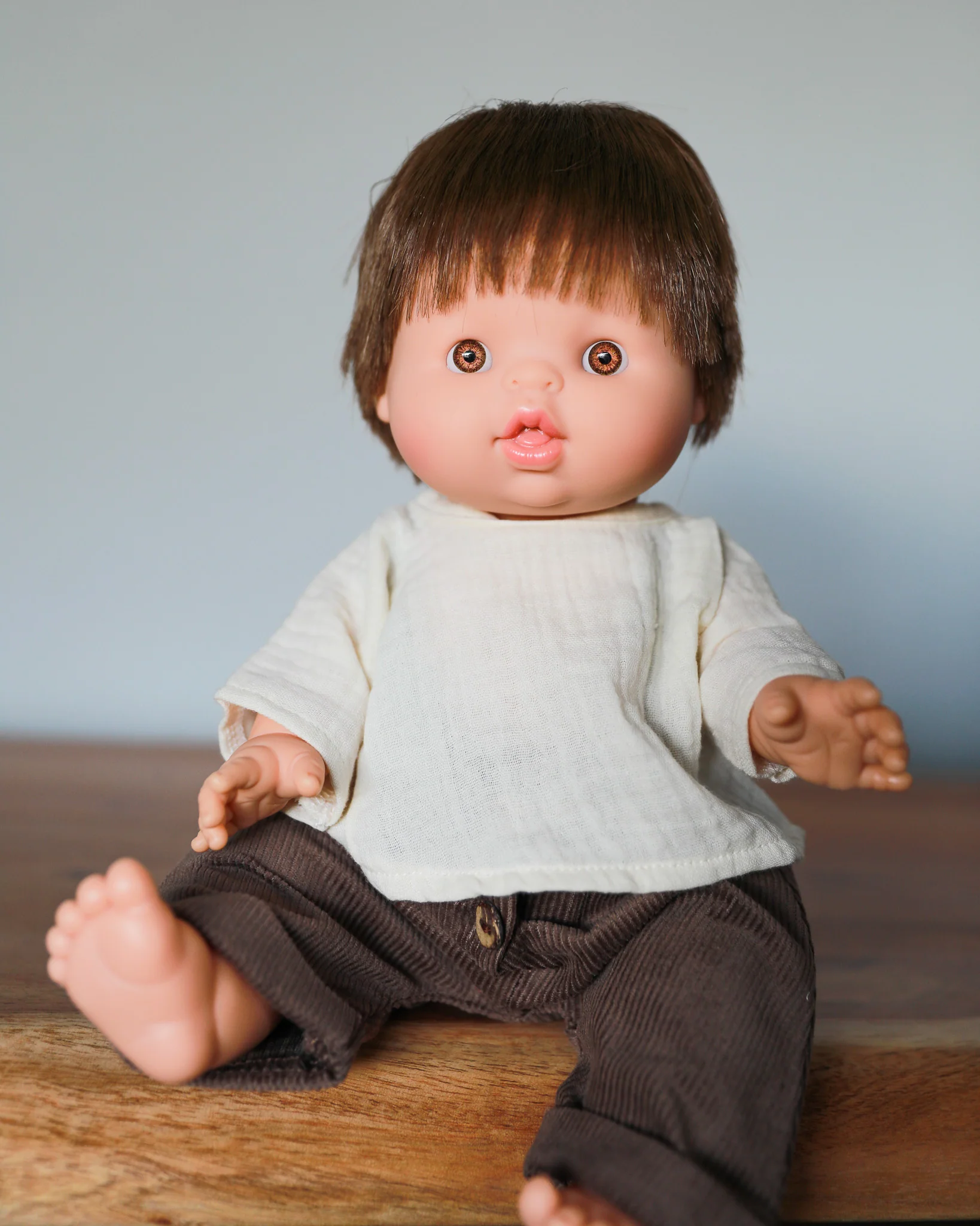 Minikane Doll Clothes | Baby Doll Muslin Top and Velvet Pant Set (Brown) - Image 6