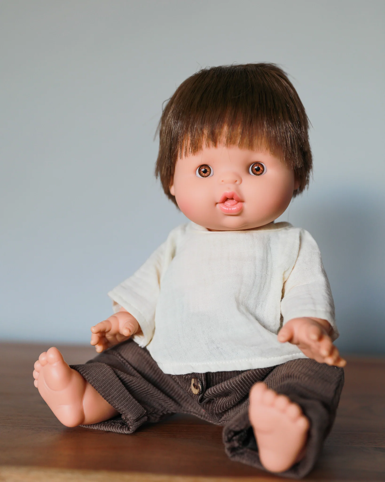 Minikane Doll Clothes | Baby Doll Muslin Top and Velvet Pant Set (Brown) - Image 7