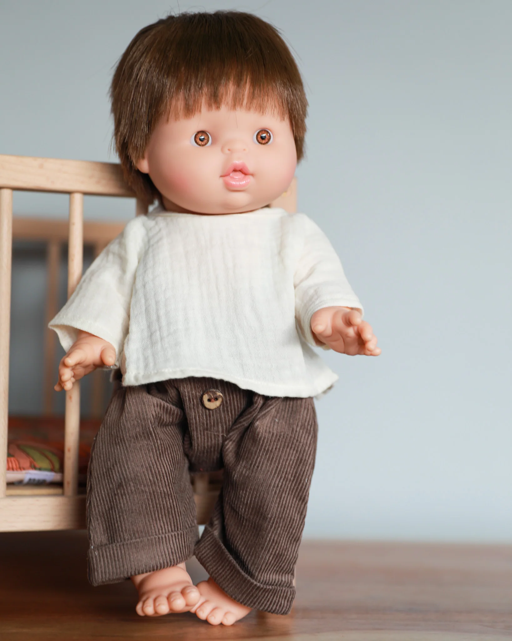 Minikane Doll Clothes | Baby Doll Muslin Top and Velvet Pant Set (Brown) - Image 8