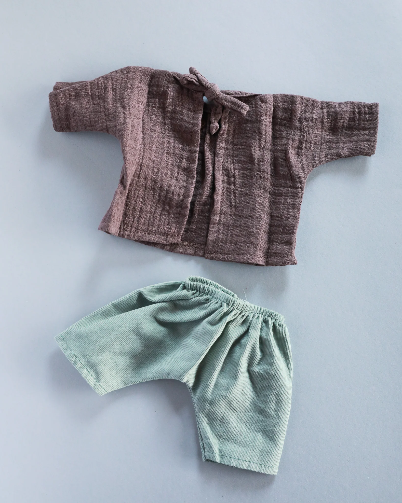 Minikane Doll Clothes | Baby Doll Muslin Top and Velvet Pant Set - Green & Grape - Image 2