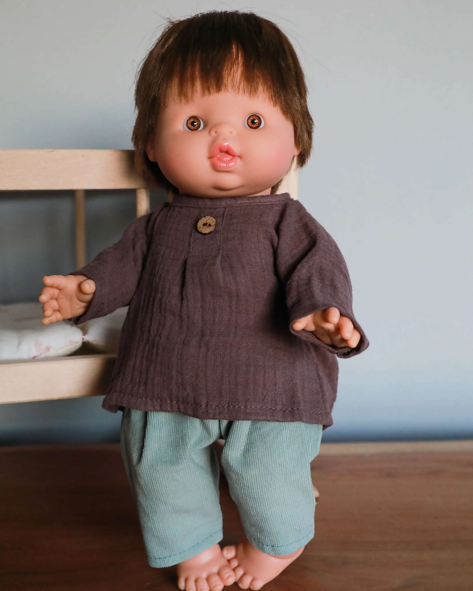 Minikane Doll Clothes | Baby Doll Muslin Top and Velvet Pant Set - Green & Grape - Image 4