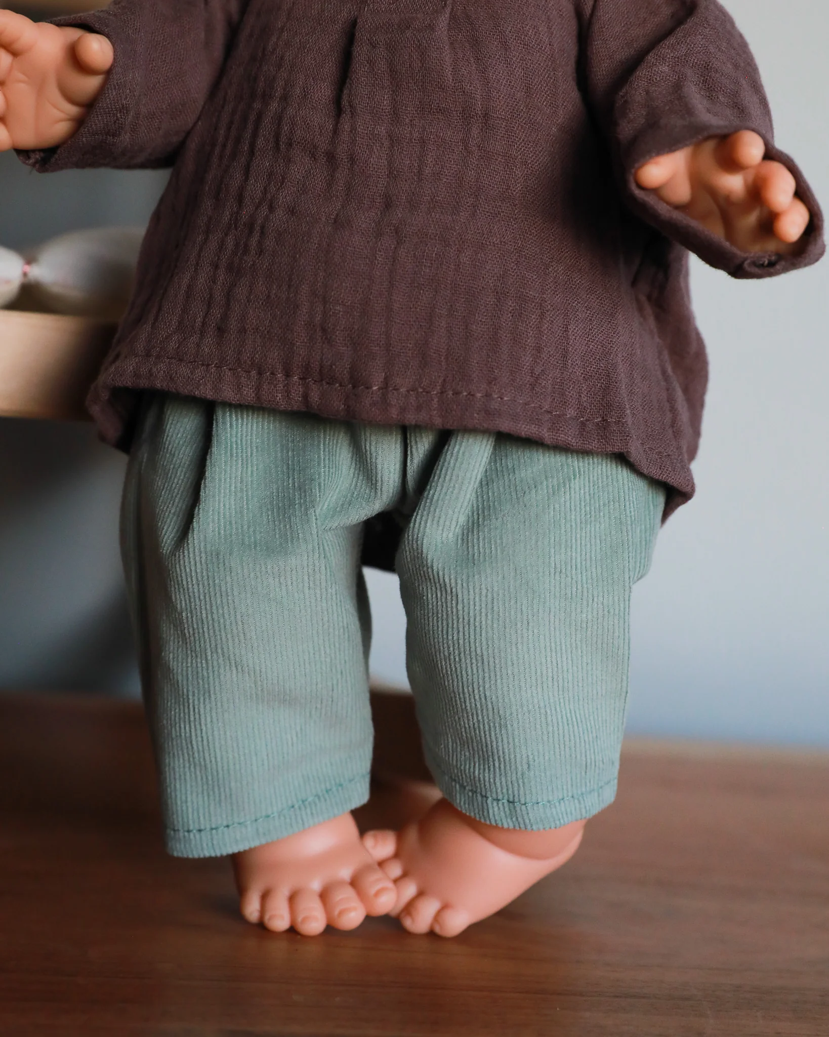 Minikane Doll Clothes | Baby Doll Muslin Top and Velvet Pant Set - Green & Grape - Image 5