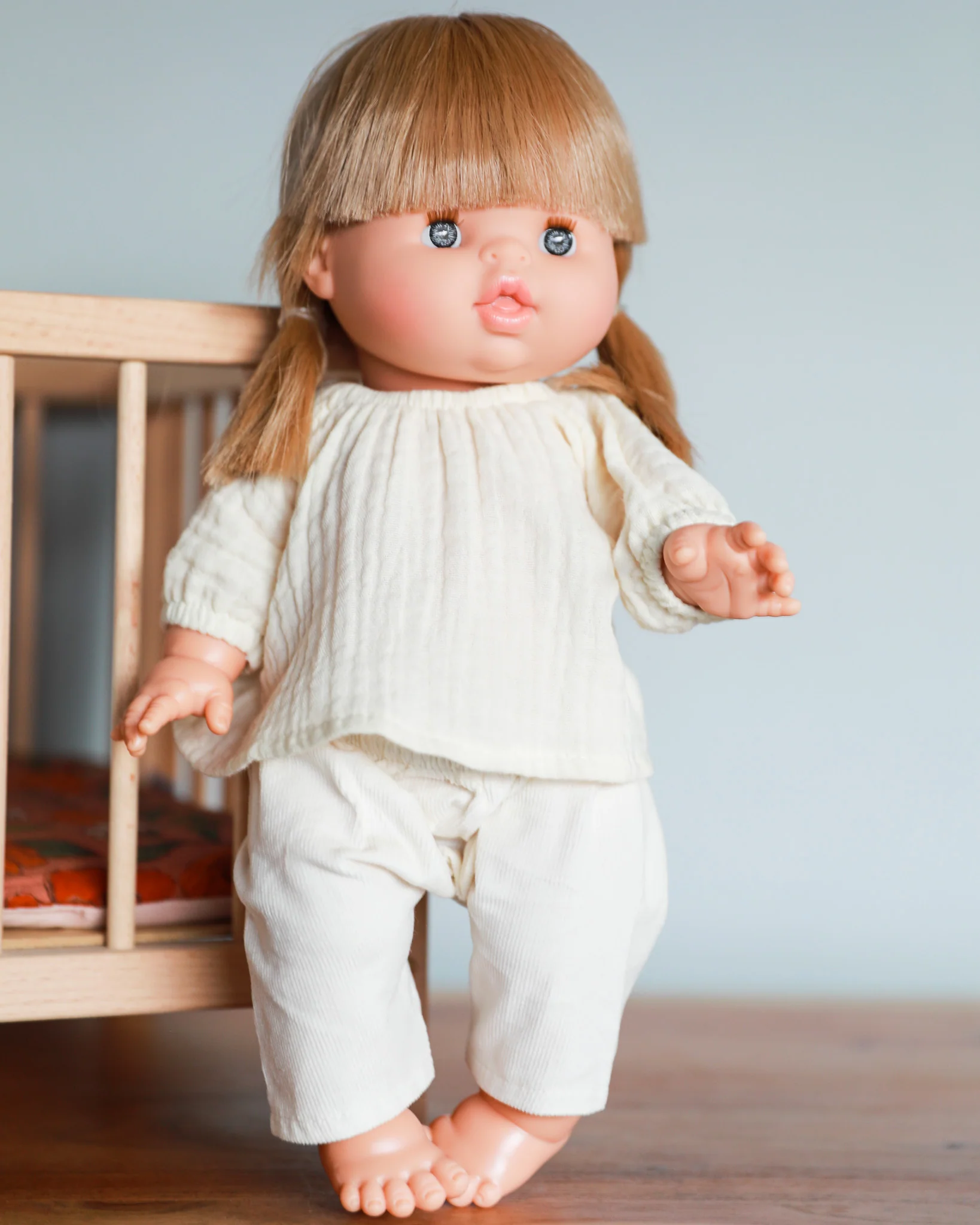 Minikane Doll Clothes | Baby Doll Muslin Top and Velvet Pant Set (White) - Image 6