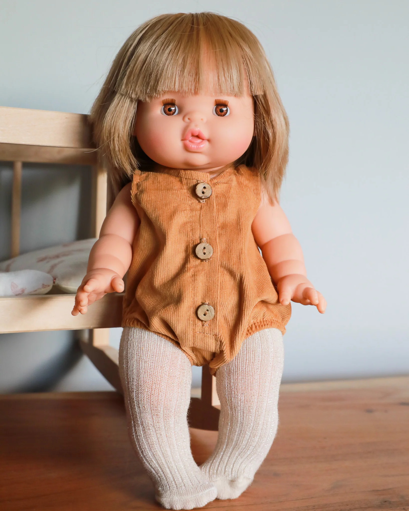 Minikane Doll Clothes | Baby Doll Velvet Romper - Brown - Image 3