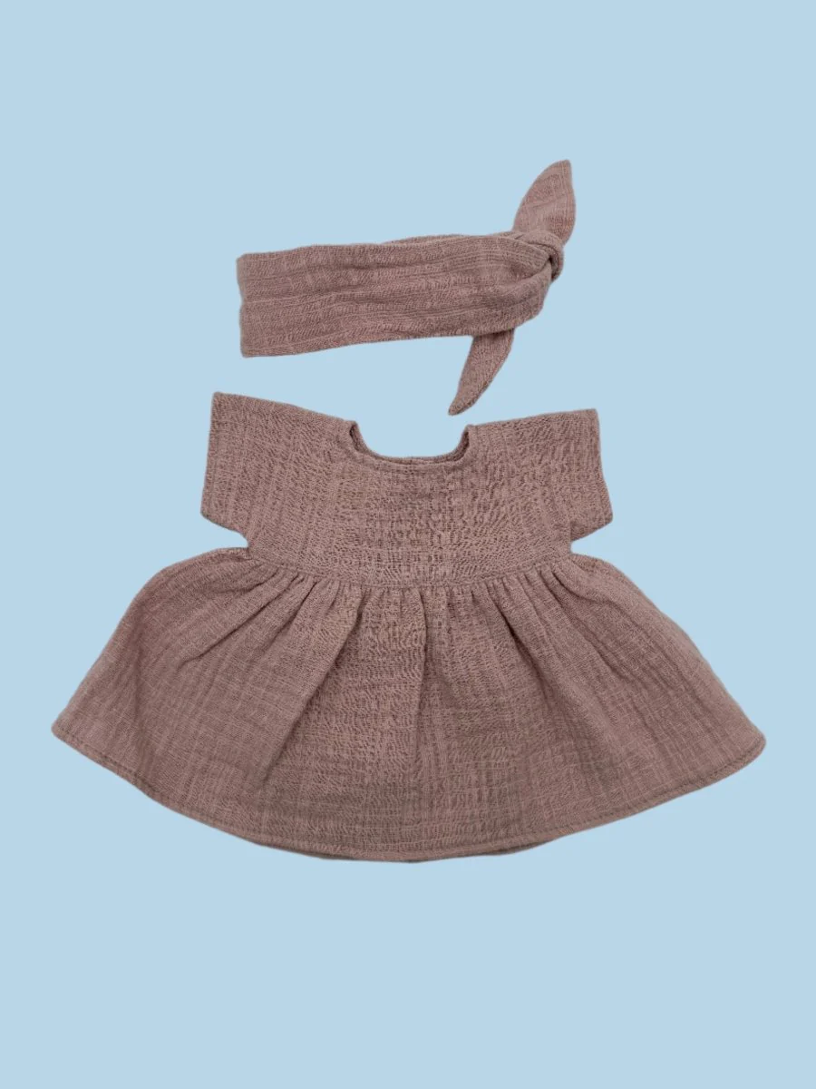 Minikane Doll Clothes | Doll Muslin Dress w/ Headband - Dusty Pink (11" & 13" dolls) - Image 2