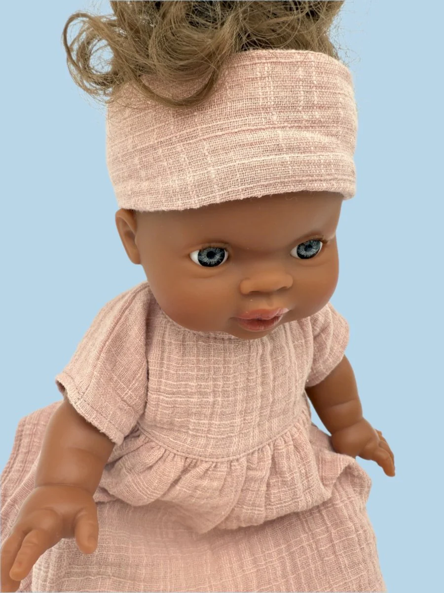 Minikane Doll Clothes | Doll Muslin Dress w/ Headband - Dusty Pink (11" & 13" dolls) - Image 3