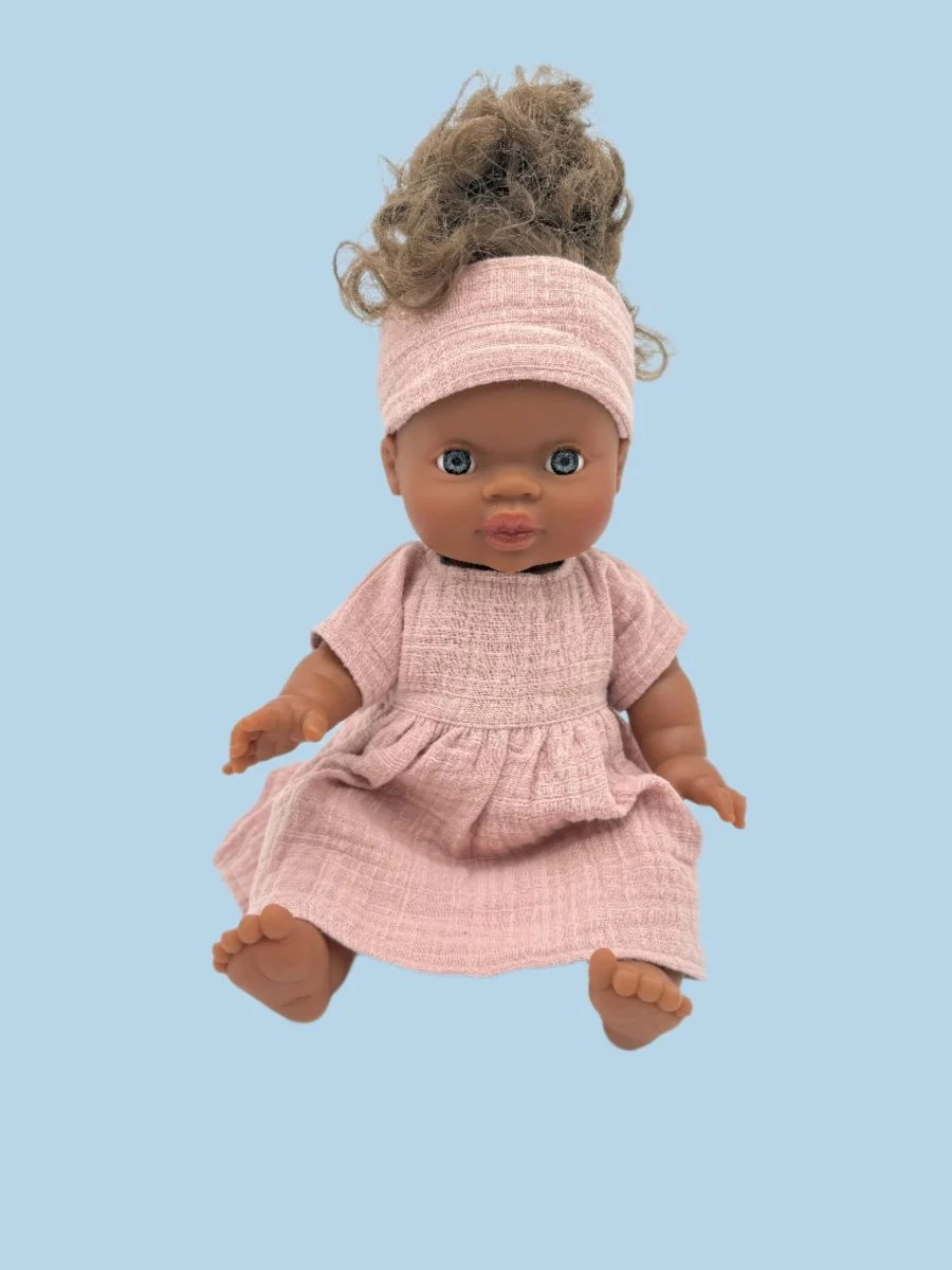 Minikane Doll Clothes | Doll Muslin Dress w/ Headband - Dusty Pink (11" & 13" dolls) - Image 4