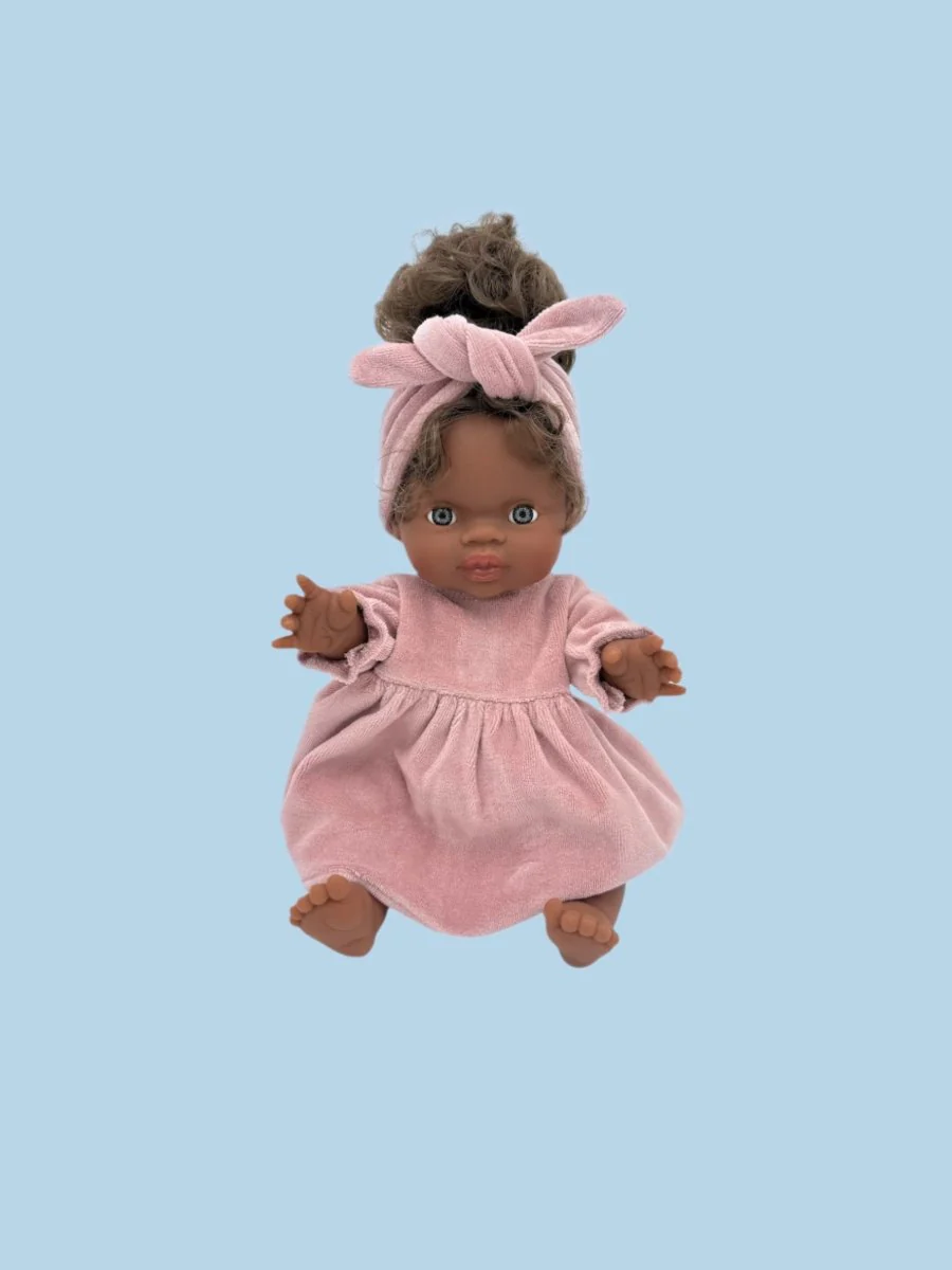 Minikane Doll Clothes | Doll Velvet Dress w/ Headband - Pink - Image 3