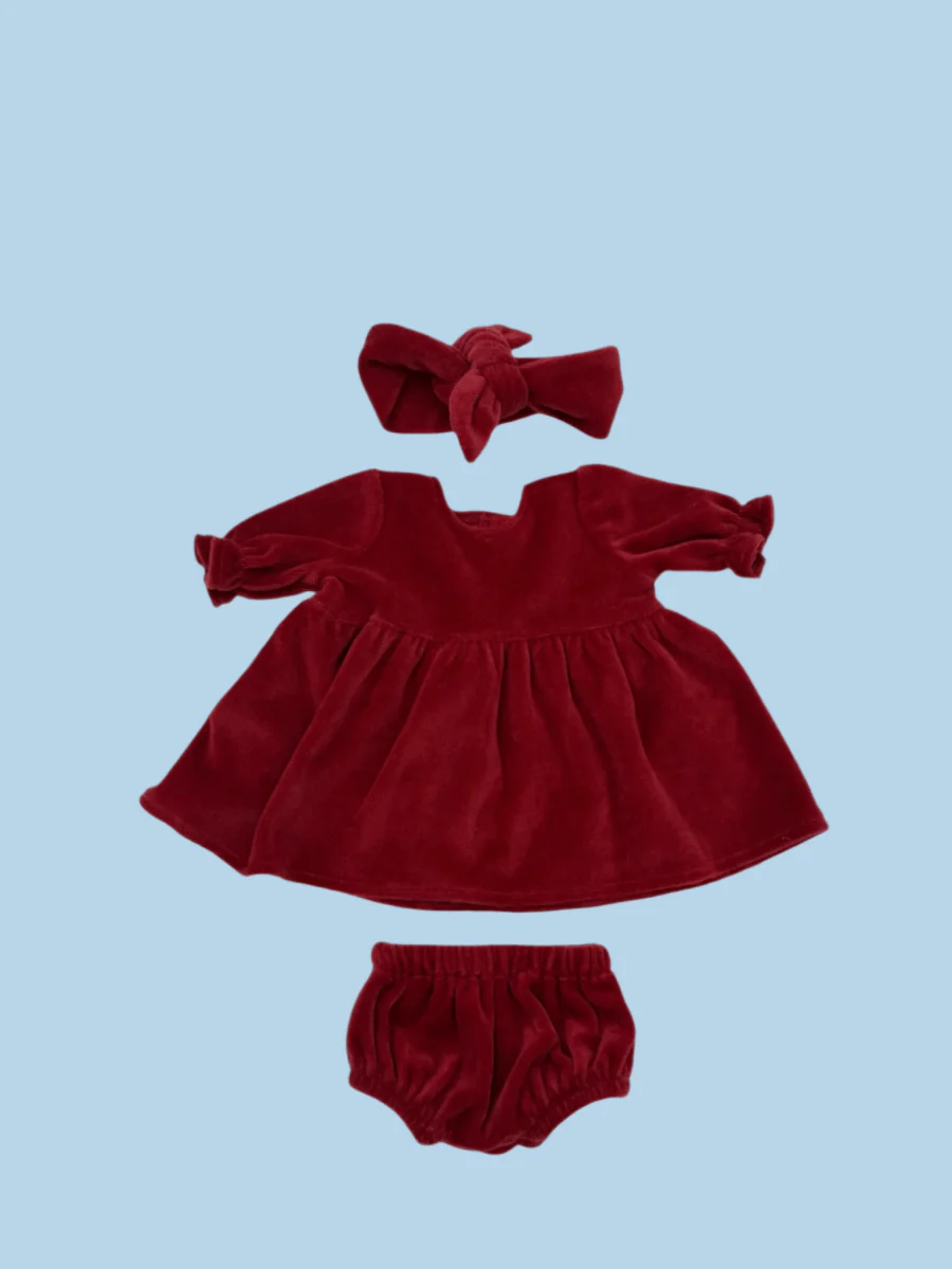 Minikane Doll Clothes | Doll Velvet Dress w/ Headband - Red (11" & 13" dolls) - Image 2
