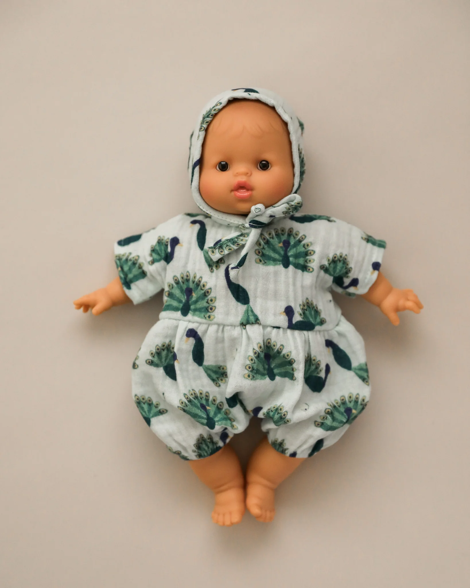 Minikane Doll Clothes | Soft Body Doll Romper with Bonnet - Peacock - Image 2