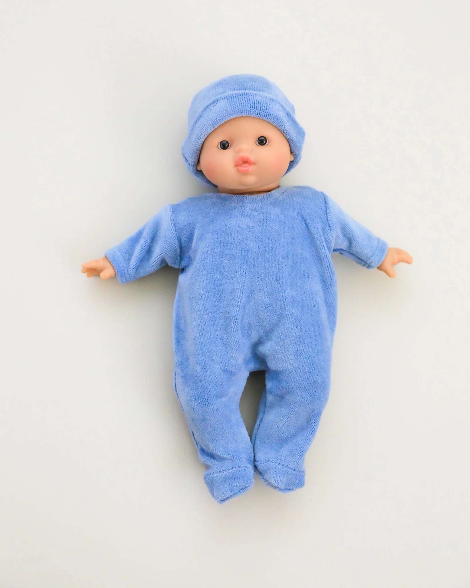 Minikane Doll Clothes | Soft Body Doll Velvet Bodysuit with Hat - Sky Blue - Image 2