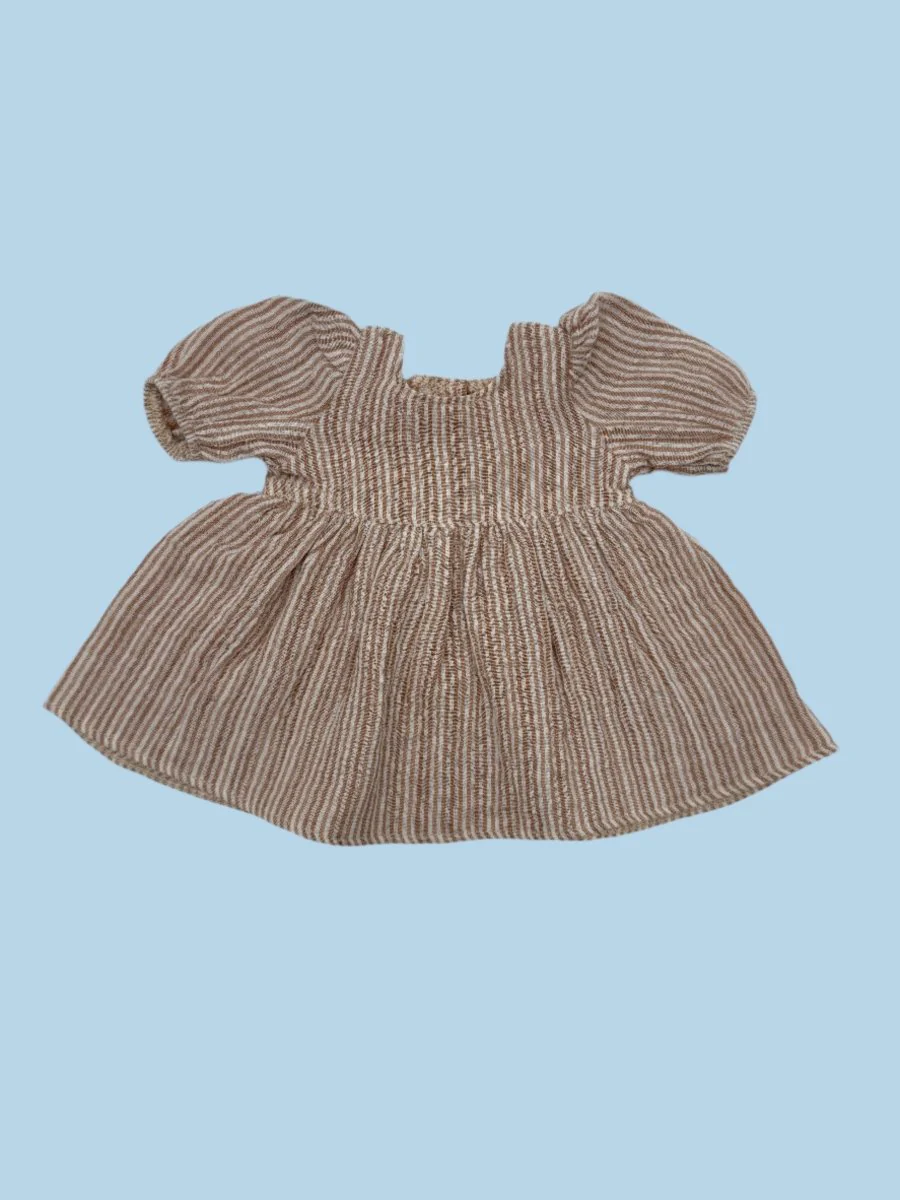 Minikane Doll Clothes | Striped Muslin Doll Dress in Caramel (11" & 13" dolls) - Image 2
