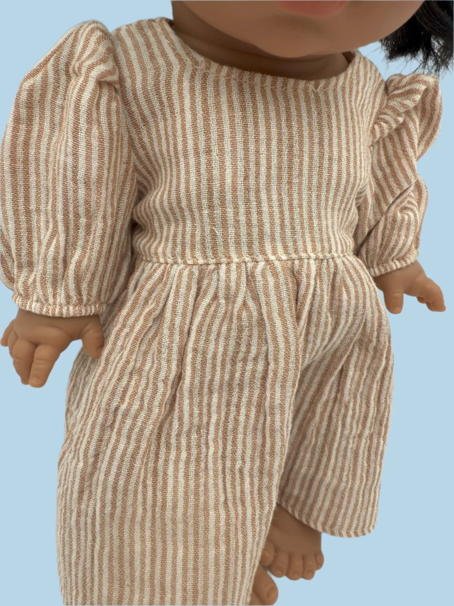 Minikane Doll Clothes | Striped Muslin Doll Dress in Caramel (11" & 13" dolls) - Image 3