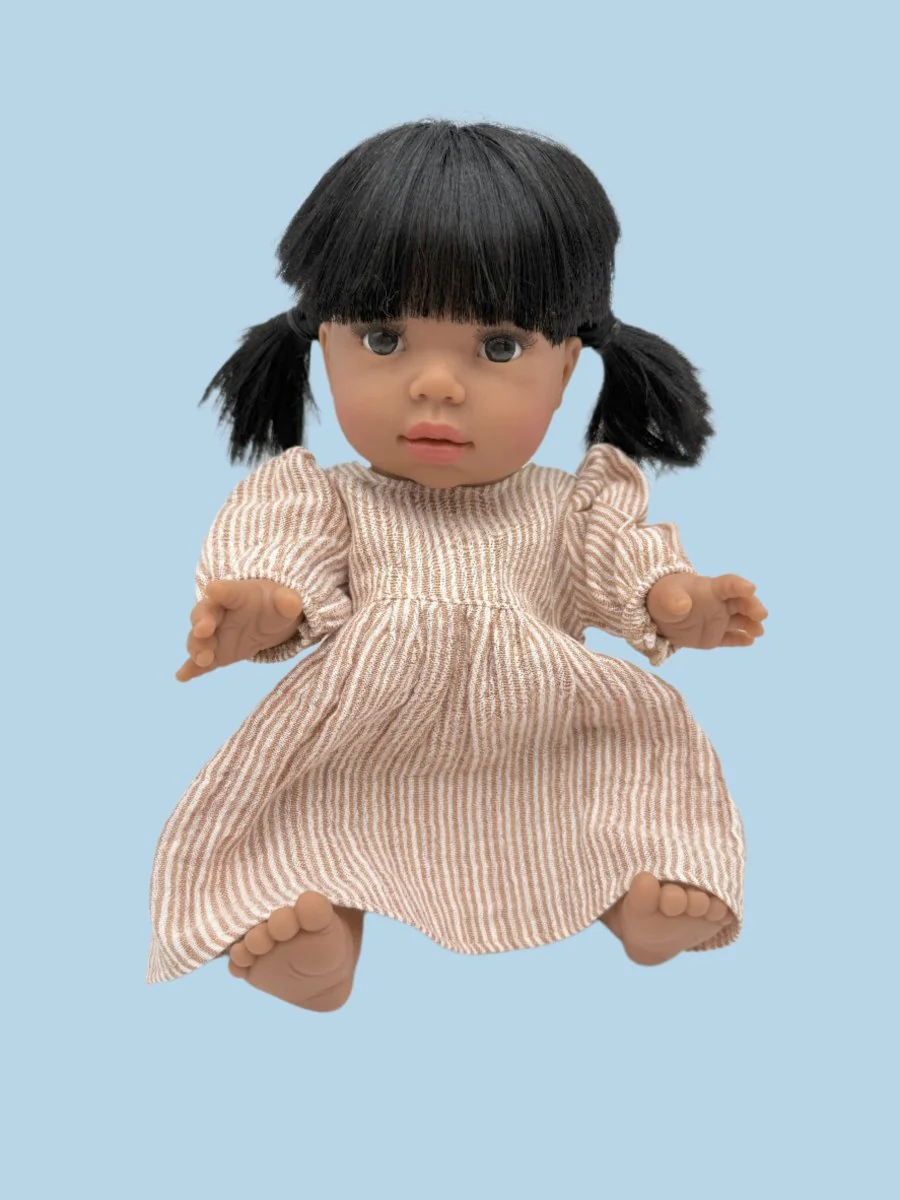 Minikane Doll Clothes | Striped Muslin Doll Dress in Caramel (11" & 13" dolls) - Image 4