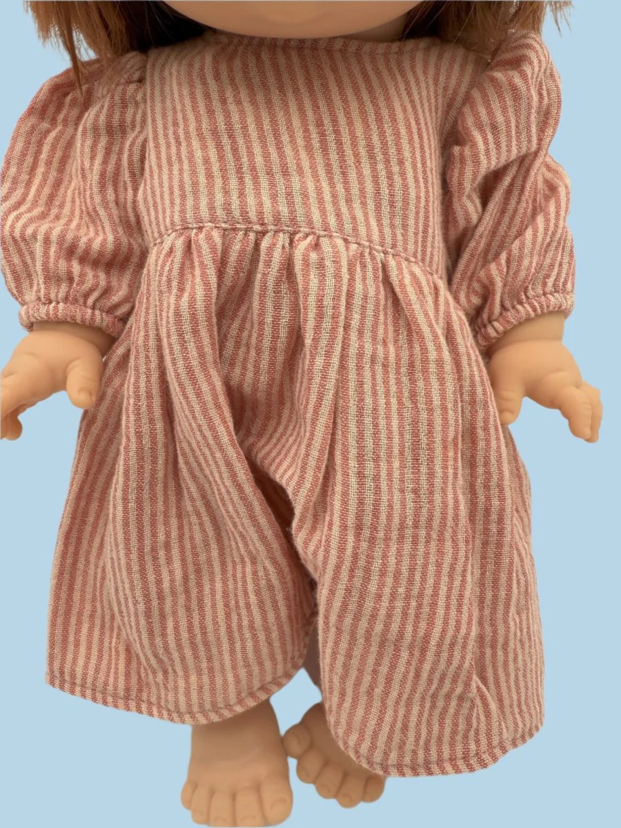 Minikane Doll Clothes | Striped Muslin Doll Dress in Dusty Rose - Image 3