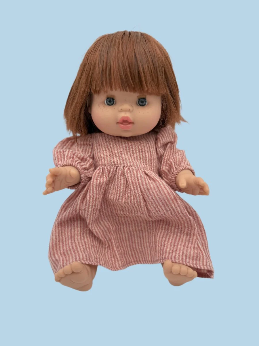 Minikane Doll Clothes | Striped Muslin Doll Dress in Dusty Rose - Image 4